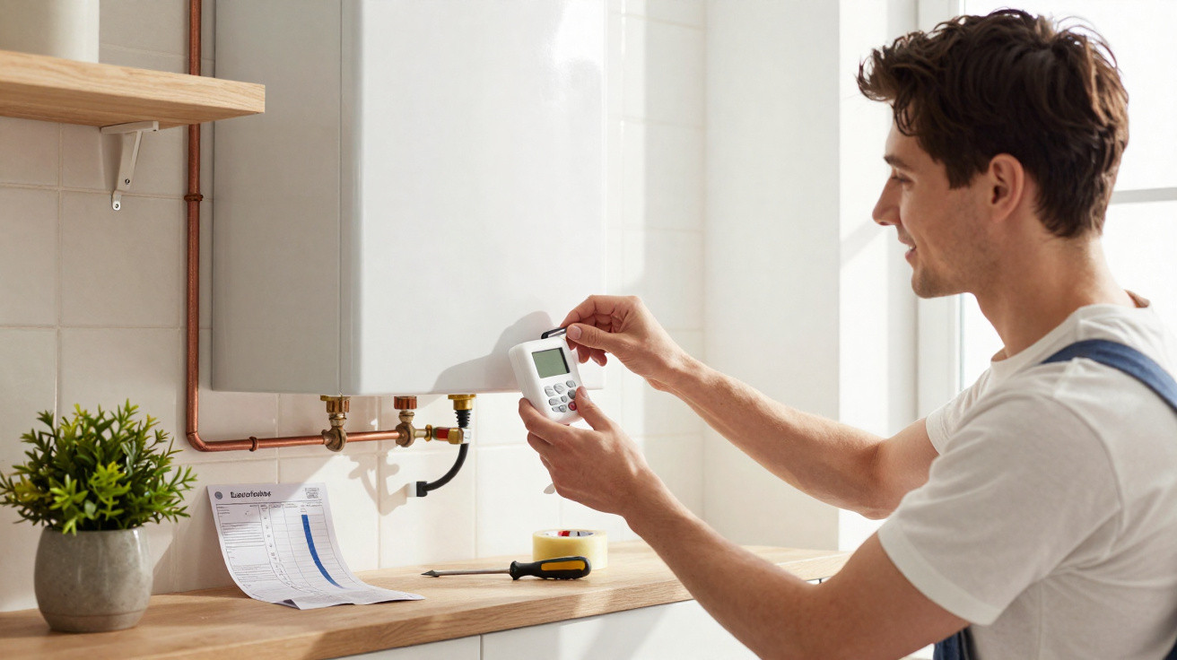 Man adjusting a wall-mounted boiler thermostat in a bright kitchen with copper pipes and a plant nearby.