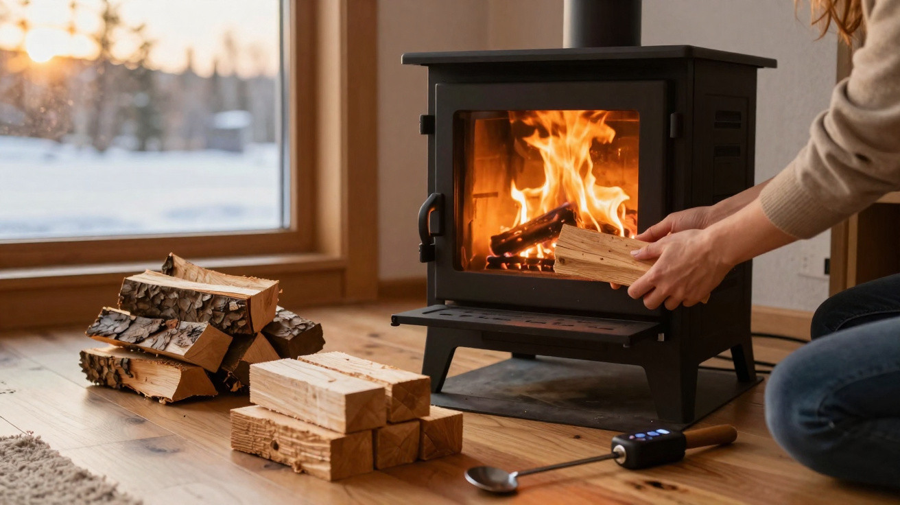 Person placing firewood into a burning wood stove next to a pile of logs on a wooden floor.