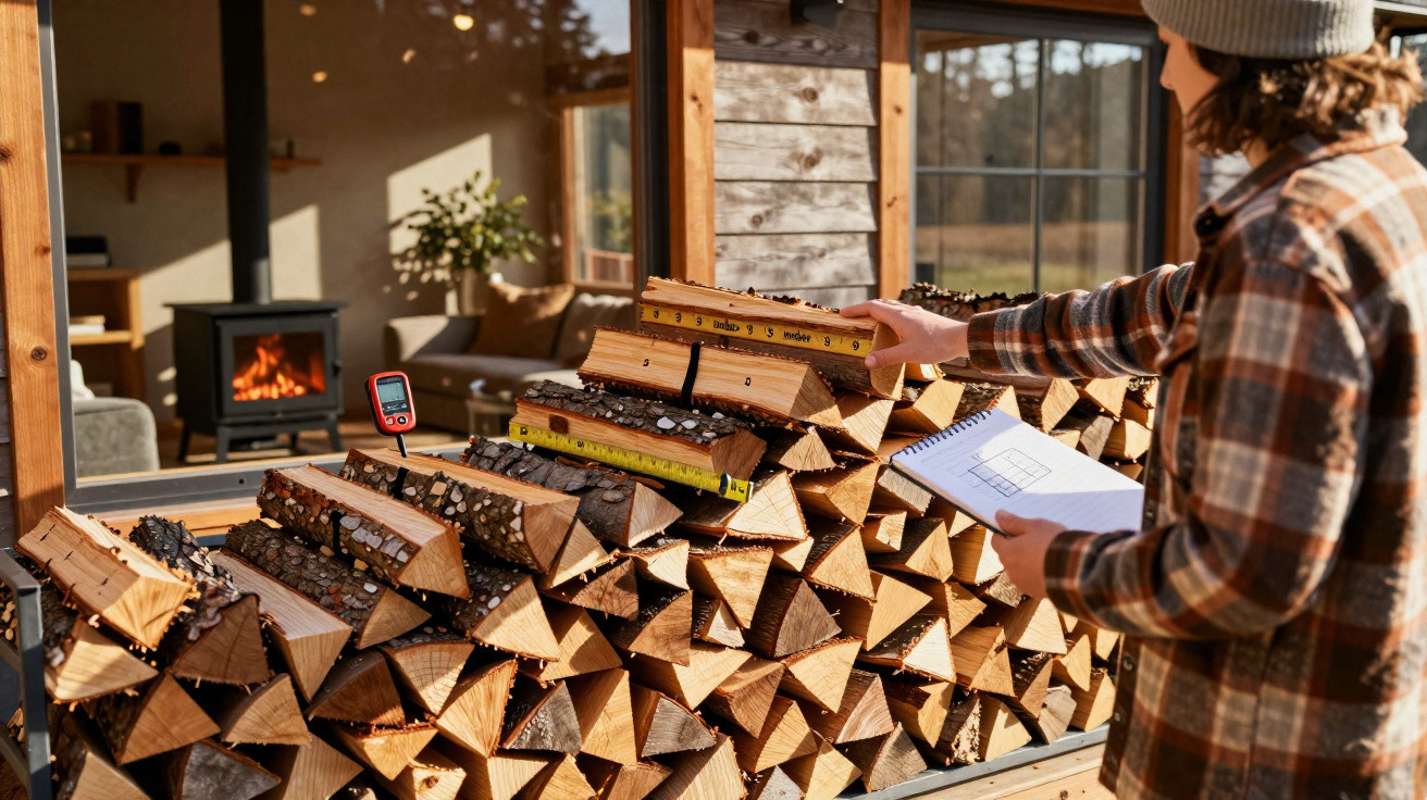 Person in a wool hat measuring stacked firewood outside a wooden cabin with a wood-burning stove inside.