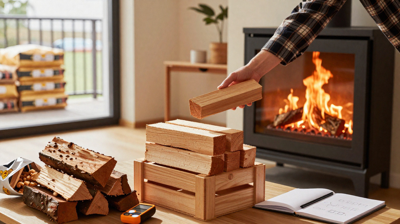Person stacking firewood in a wooden crate beside a lit fireplace and an open notebook on a wooden floor.