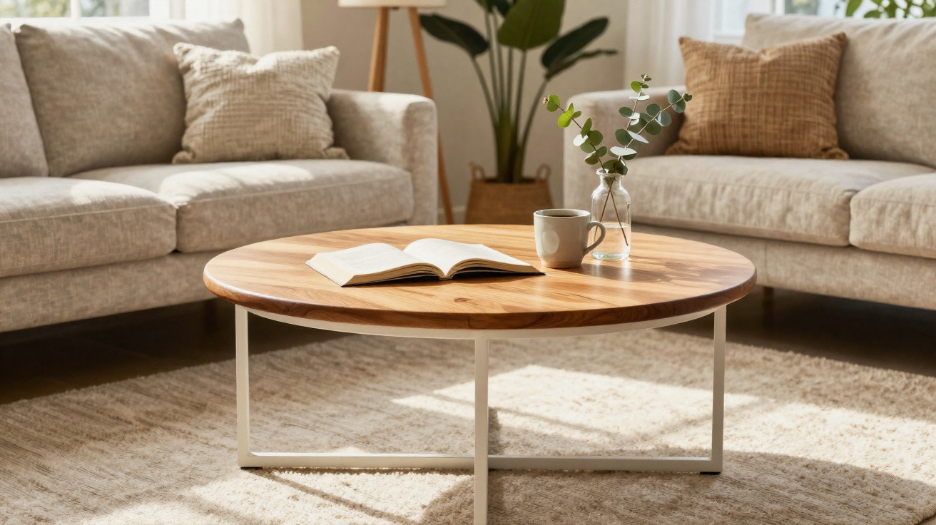 Round wooden coffee table with open book, mug, and vase with eucalyptus in bright living room with beige sofas.