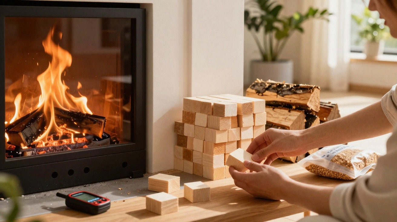 Person stacking wooden blocks near a lit fireplace on a wooden surface with firewood and a plant in the background.