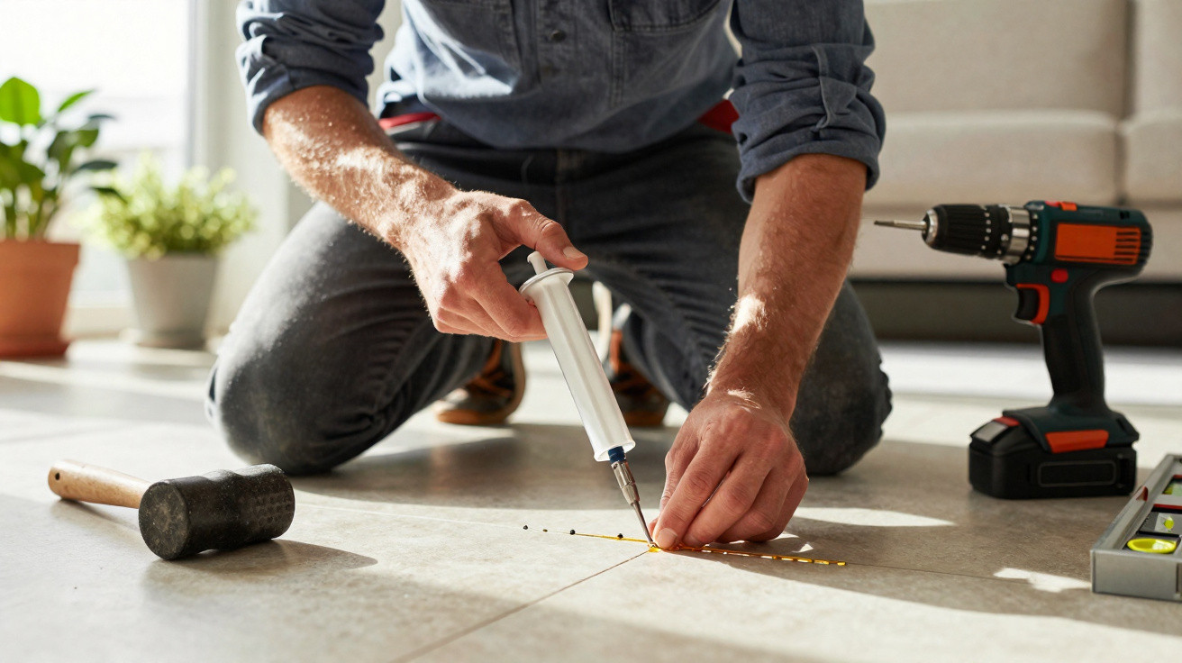 Person applying adhesive to floor tile spacers during tile installation with tools nearby in a sunlit room.