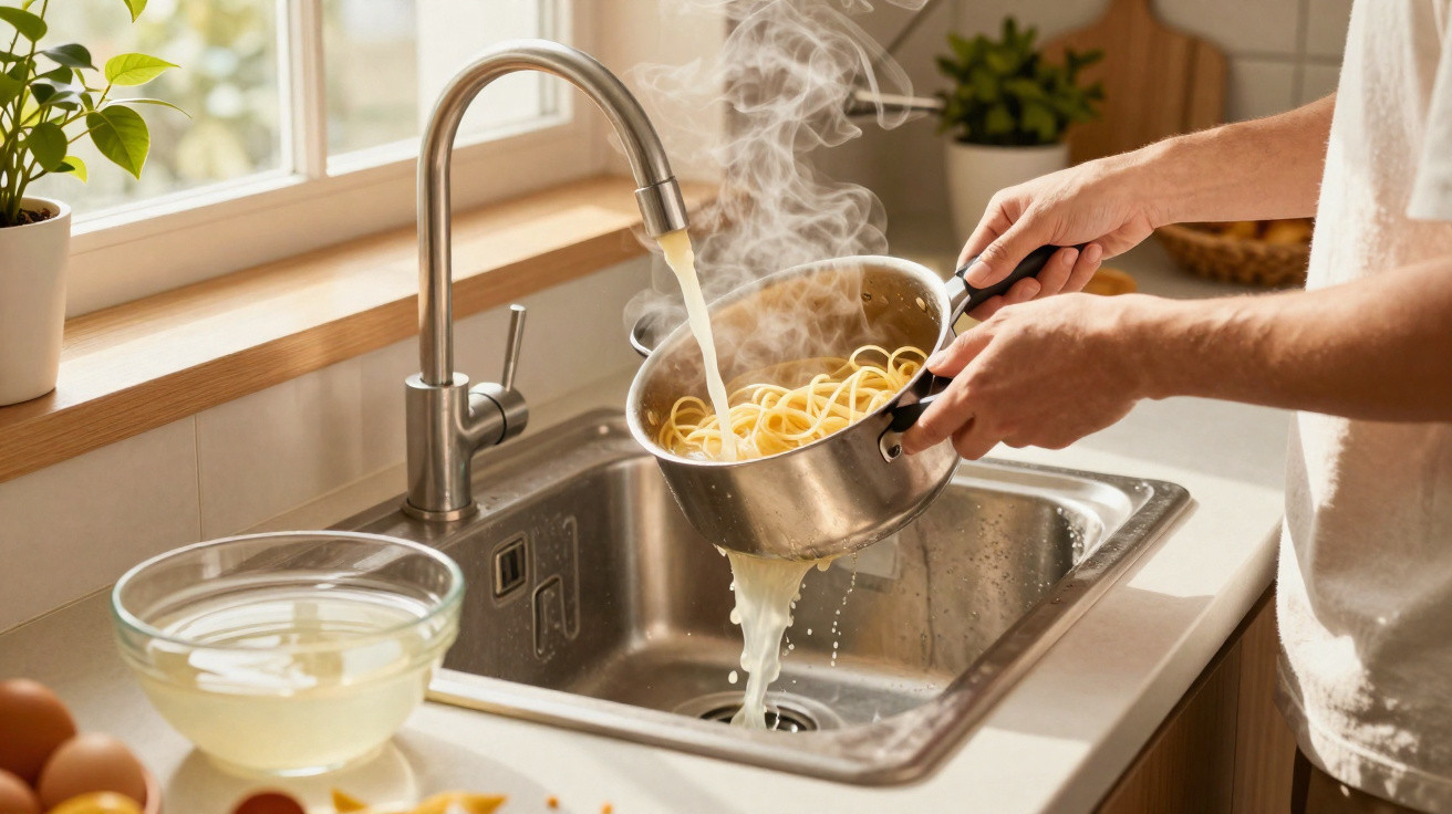 Person rinsing cooked spaghetti under running tap in kitchen sink with steaming pasta water draining away