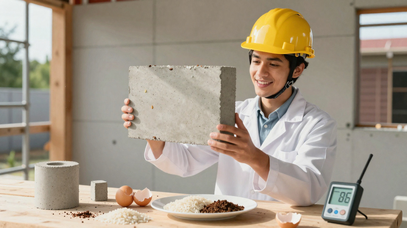 Scientist in a lab coat and yellow hard hat holding a concrete block, testing food samples on a table.