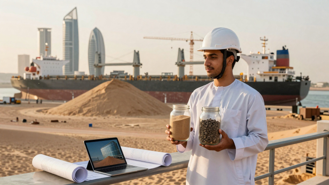 Engineer in white helmet holding jars of materials at shipping port with cargo ship and city skyline in background.