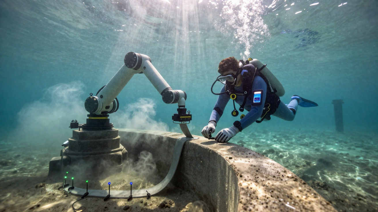 Underwater diver operates a robotic arm on a concrete structure with sunlight filtering through the water.