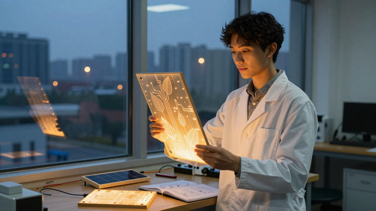 Young scientist in a lab coat examining an illuminated transparent circuit board with plant designs.