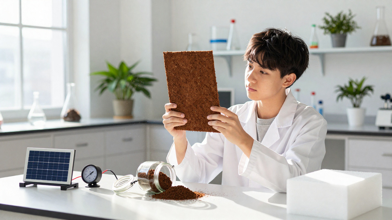 Young scientist in white lab coat examining a brown material sheet in a bright laboratory.