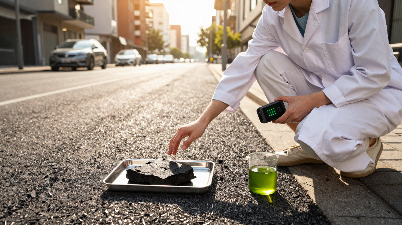 Scientist in white coat analysing cracked asphalt on a metal tray by a roadside with a green liquid in a beaker.