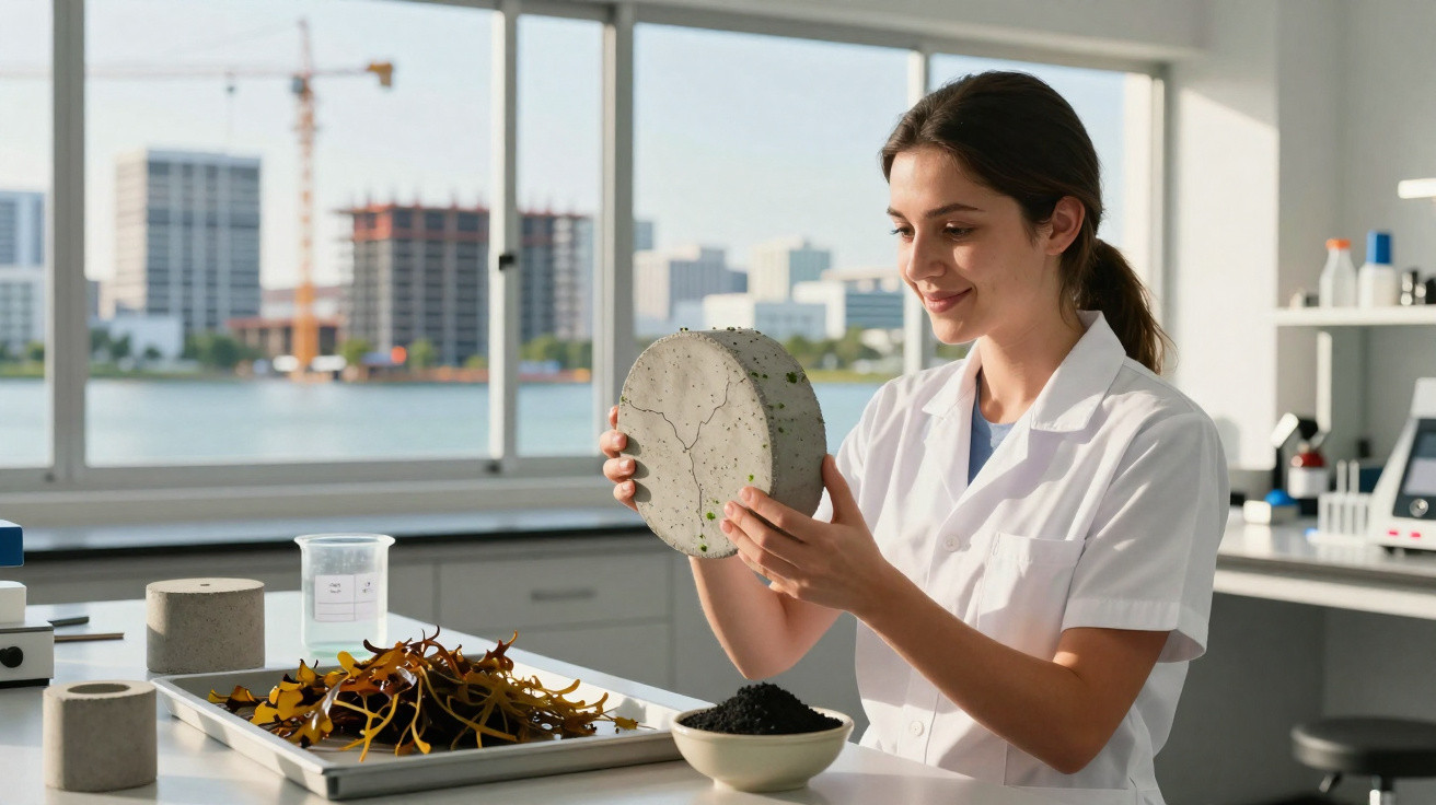 Female scientist in lab coat examining cracked concrete sample in bright lab with cityscape view.