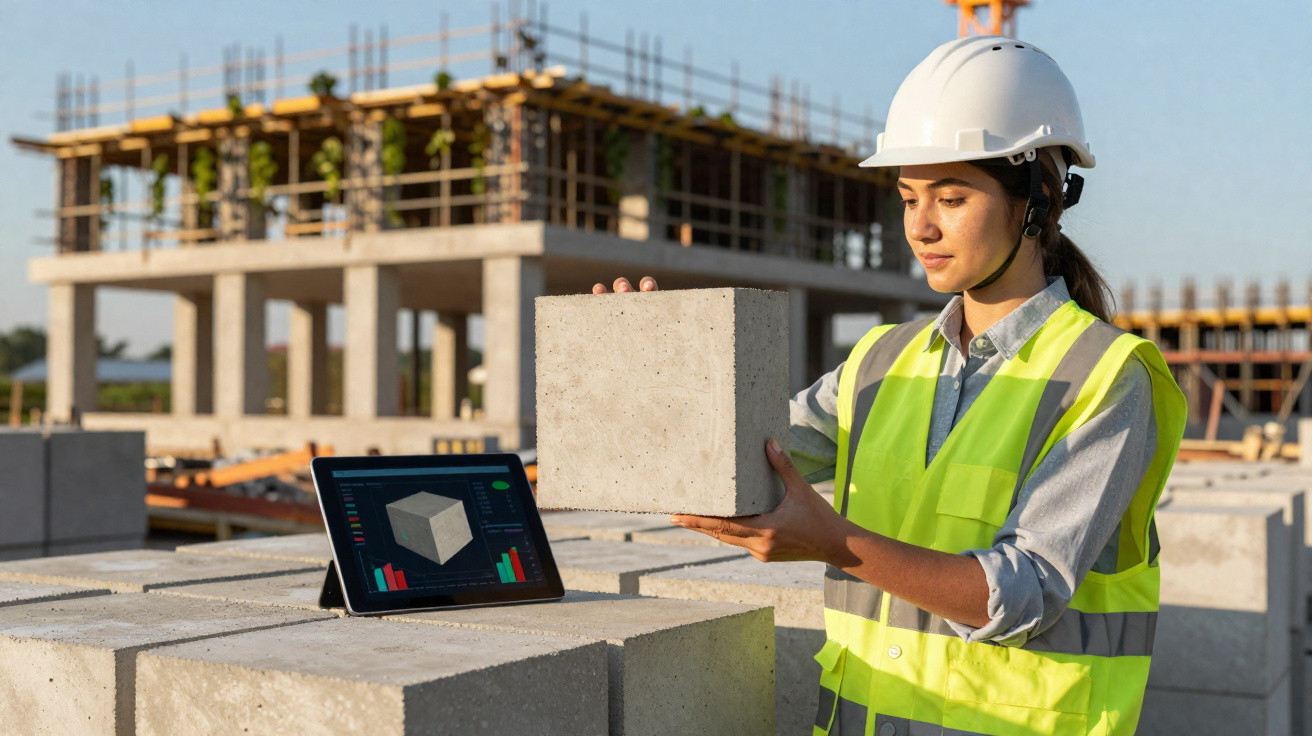 Female engineer in safety gear inspecting concrete blocks with digital tablet at construction site.
