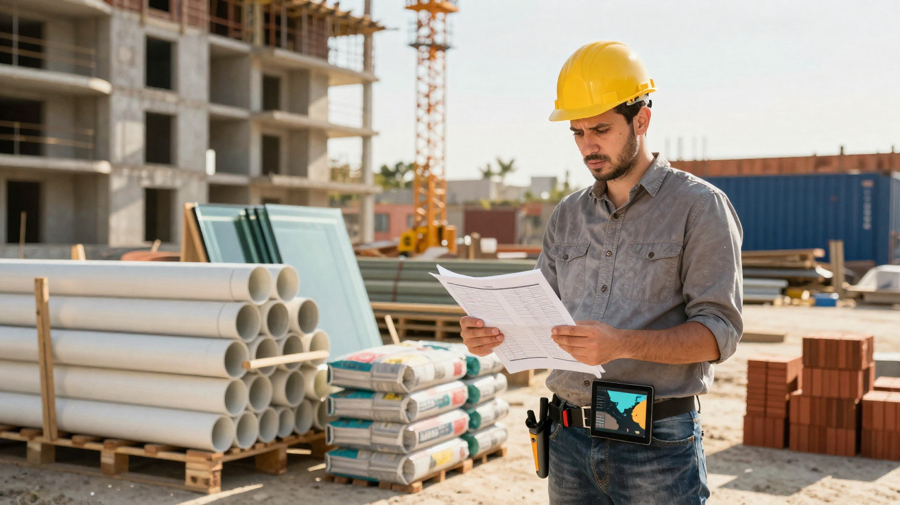 Construction worker in a yellow hard hat reviewing documents at a building site with materials and cranes.