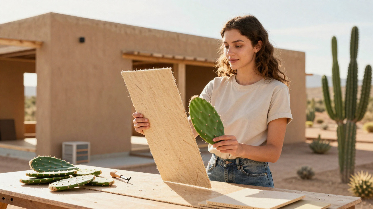 Woman crafting with cactus pads at a wooden table outdoors in a desert setting near a modern house
