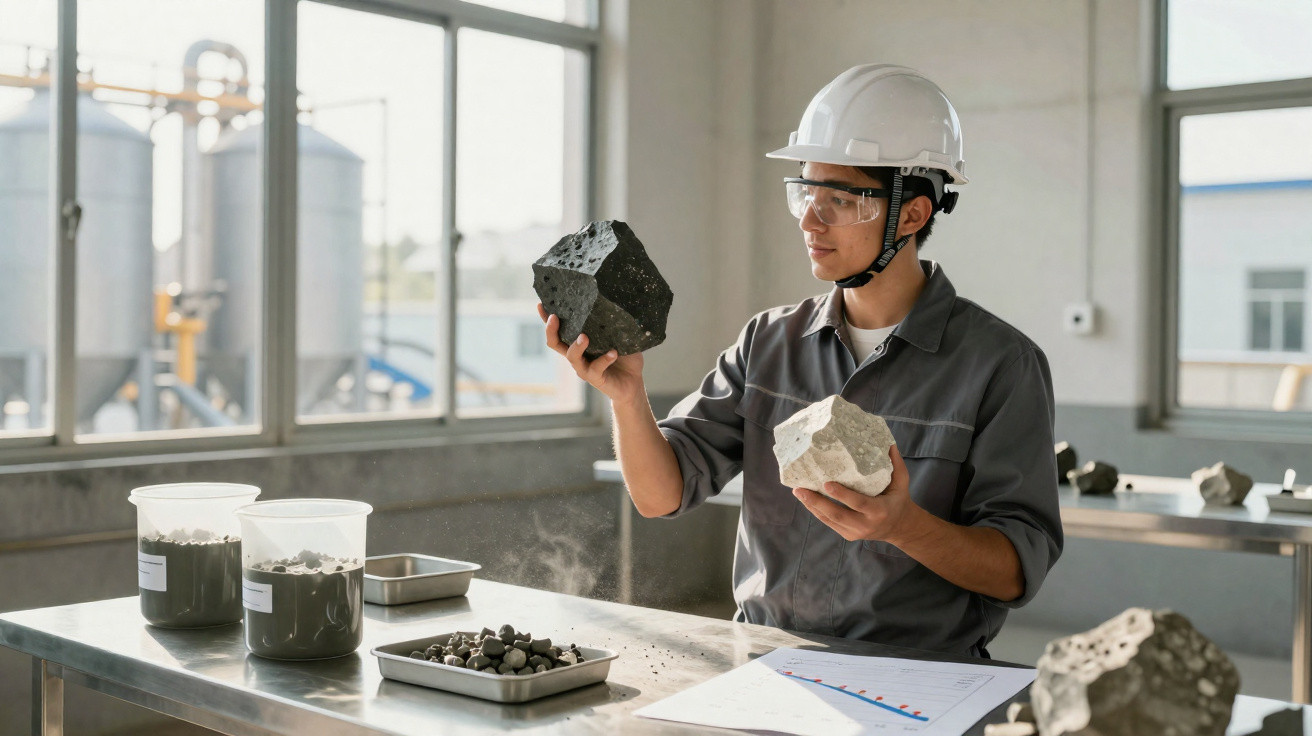 Engineer wearing safety gear examining two large rock samples in an industrial laboratory setting.
