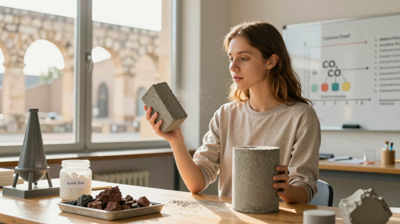 Woman examining a concrete block and cylindrical sample in a bright lab with construction materials and charts.