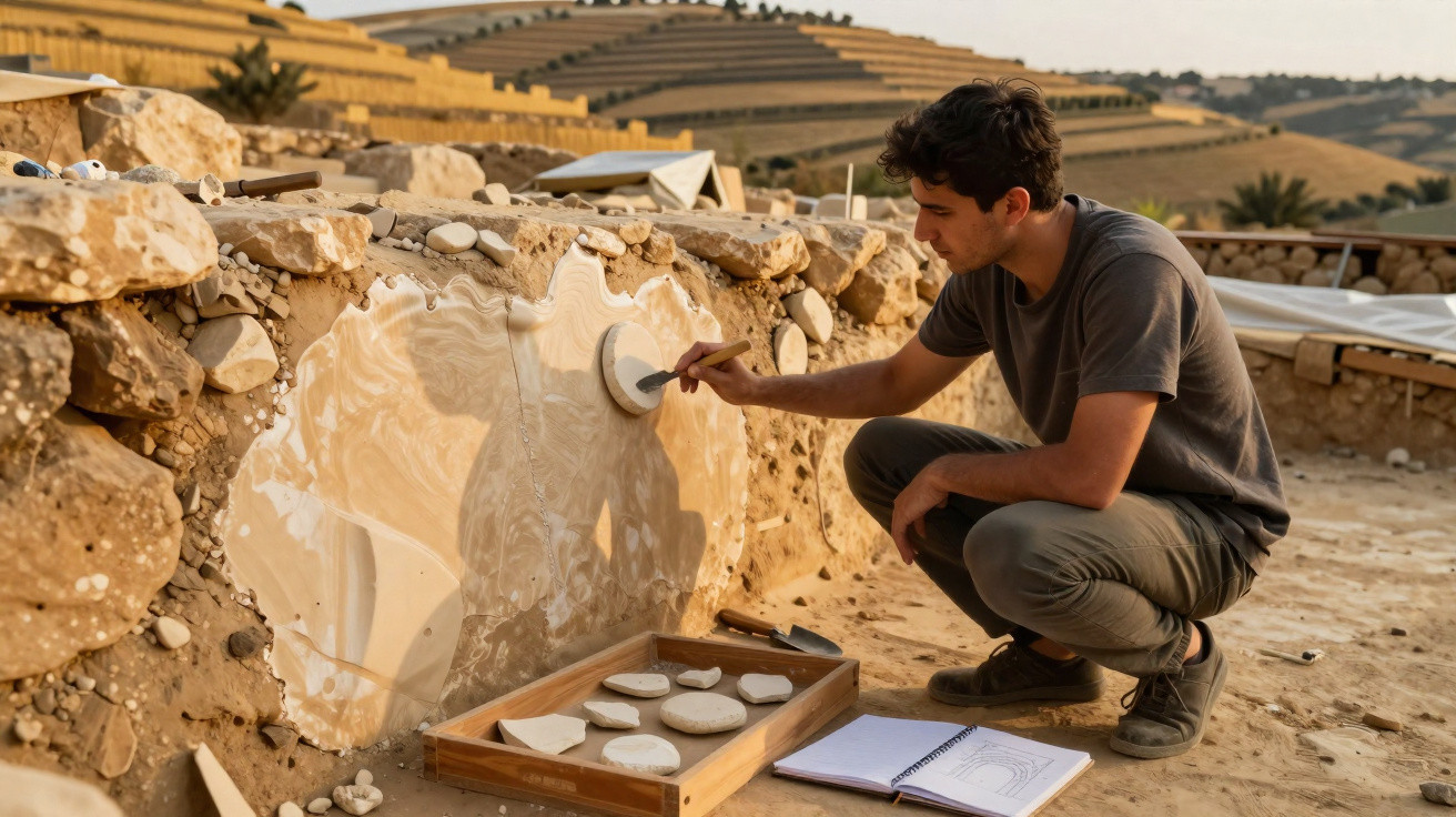 Man examines and brushes a stone wall with artifacts and a sketchbook nearby in an outdoor archaeological site.