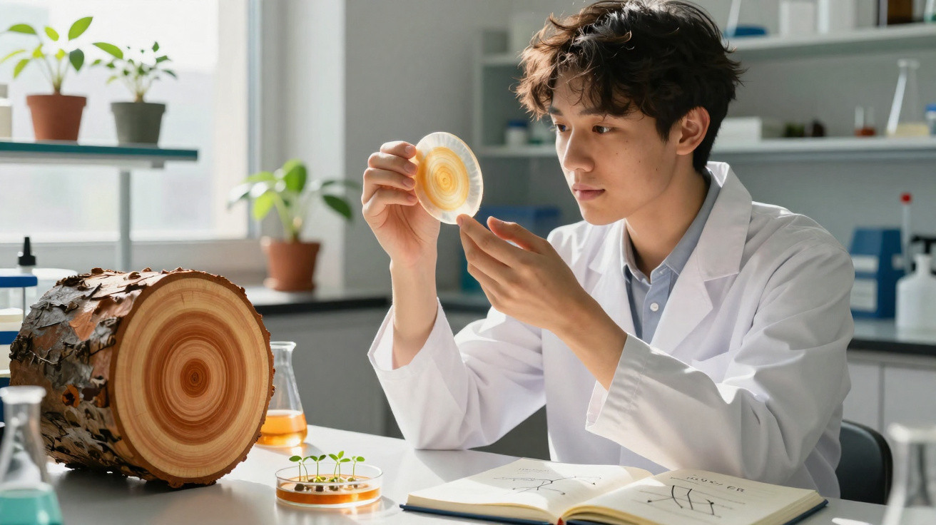 Scientist in a lab coat examining a petri dish next to a tree log and plant samples.