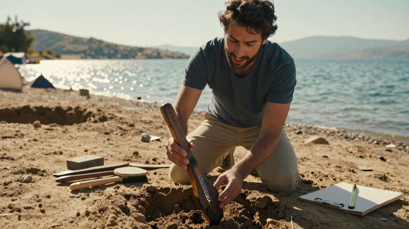 Man digging in the sand on a beach near water, with camping tents and tools nearby on a sunny day.