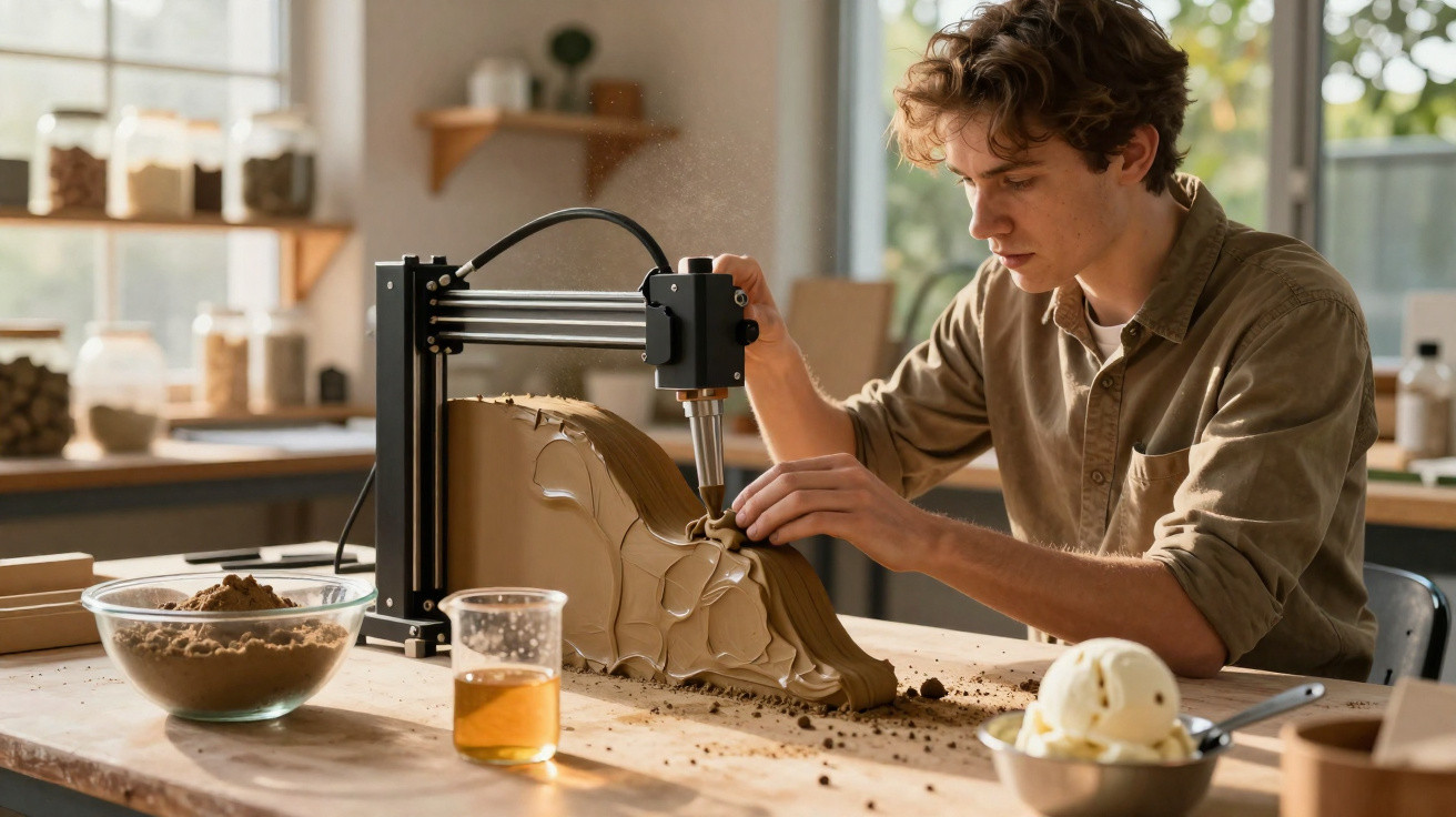 Man using a 3D printer to create a chocolate sculpture in a well-lit workshop.
