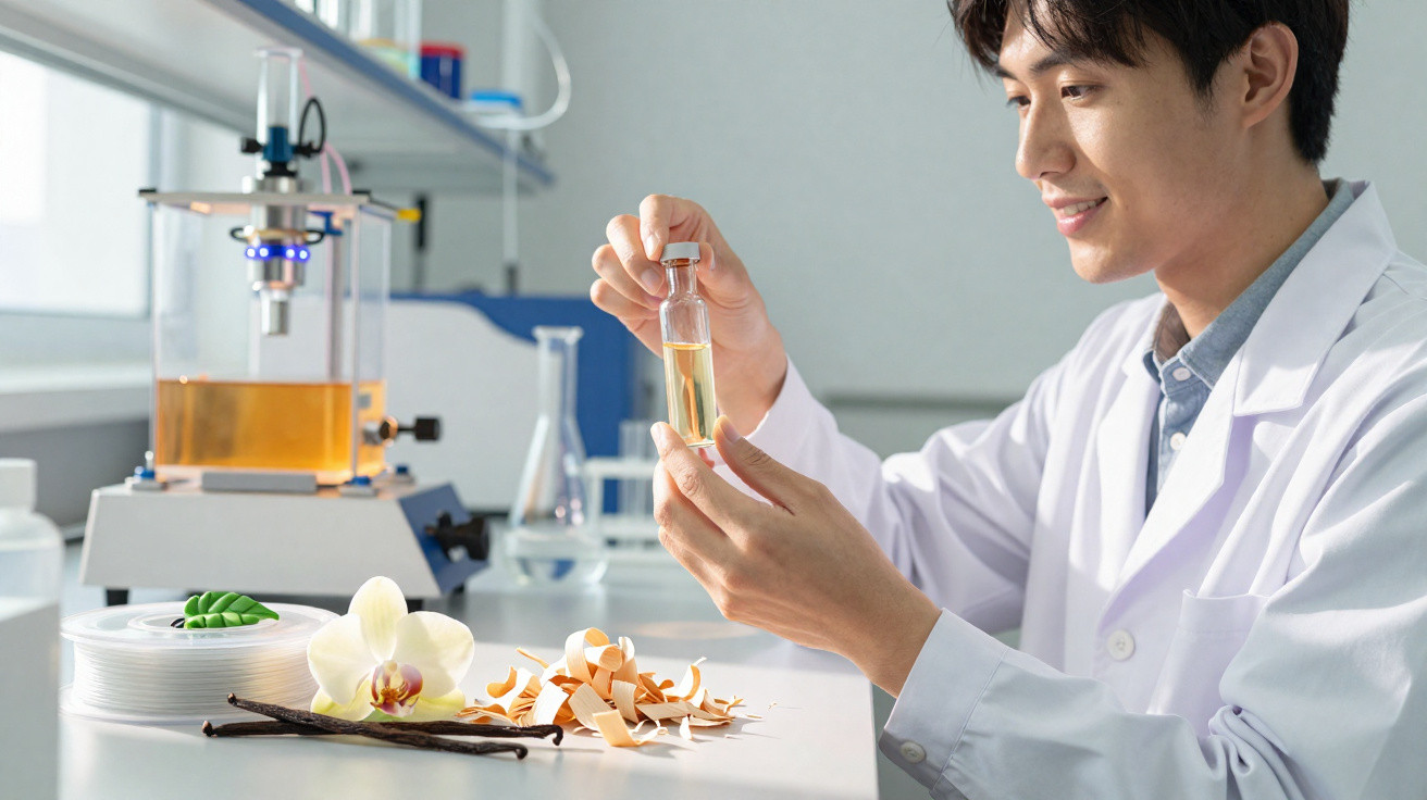 Scientist in a lab coat examining a vial of liquid with vanilla pods, orchid, and petals on the table.
