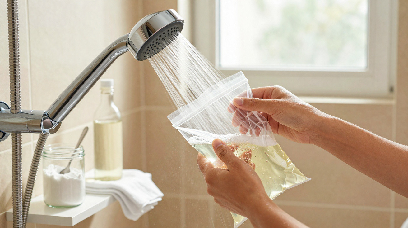 Hands filling a clear plastic bag with liquid under a running showerhead in a bathroom setting.