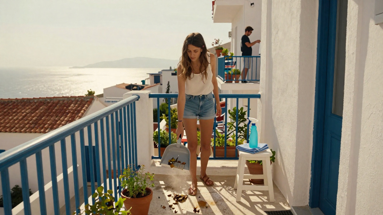 Young woman sweeping leaves on a sunny balcony with blue railings and sea view, while a man stands in the background.