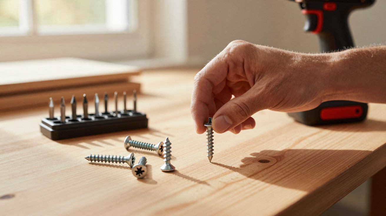 Hand holding a screw above a wooden surface with other screws and screwdriver bits nearby.