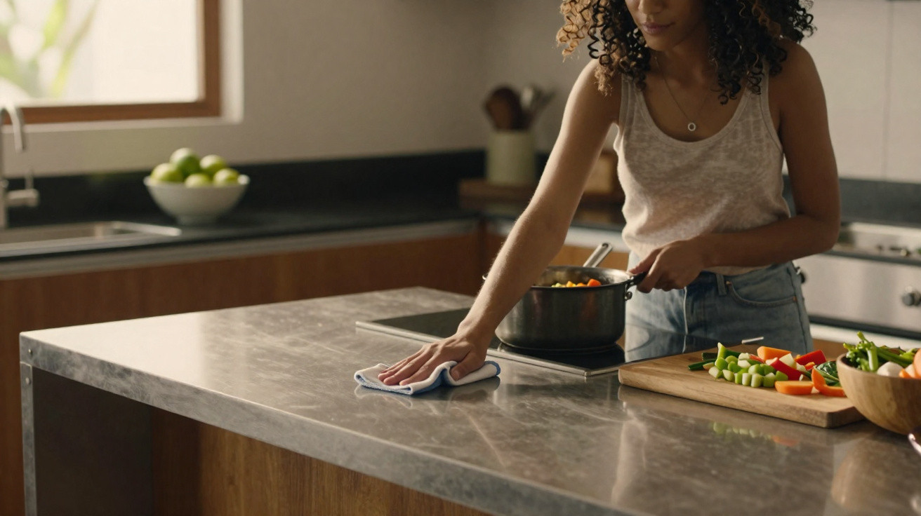 Woman cleaning kitchen counter while cooking with vegetables on chopping board nearby