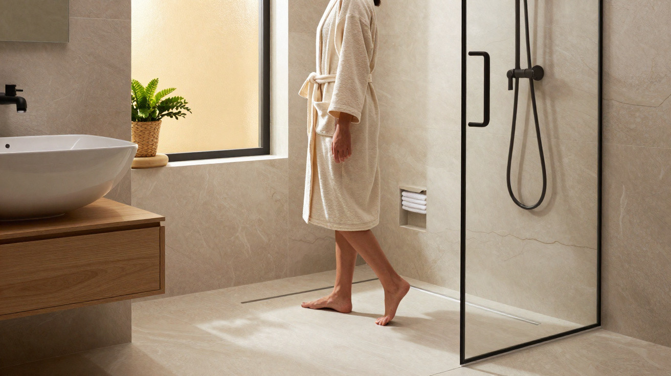 Person in a robe stepping into a modern walk-in shower with beige tiles and natural light from a window.