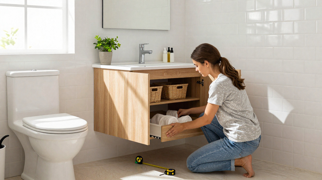 Woman kneeling in bathroom organising towels in floating wooden vanity cabinet beside white toilet under bright window light.