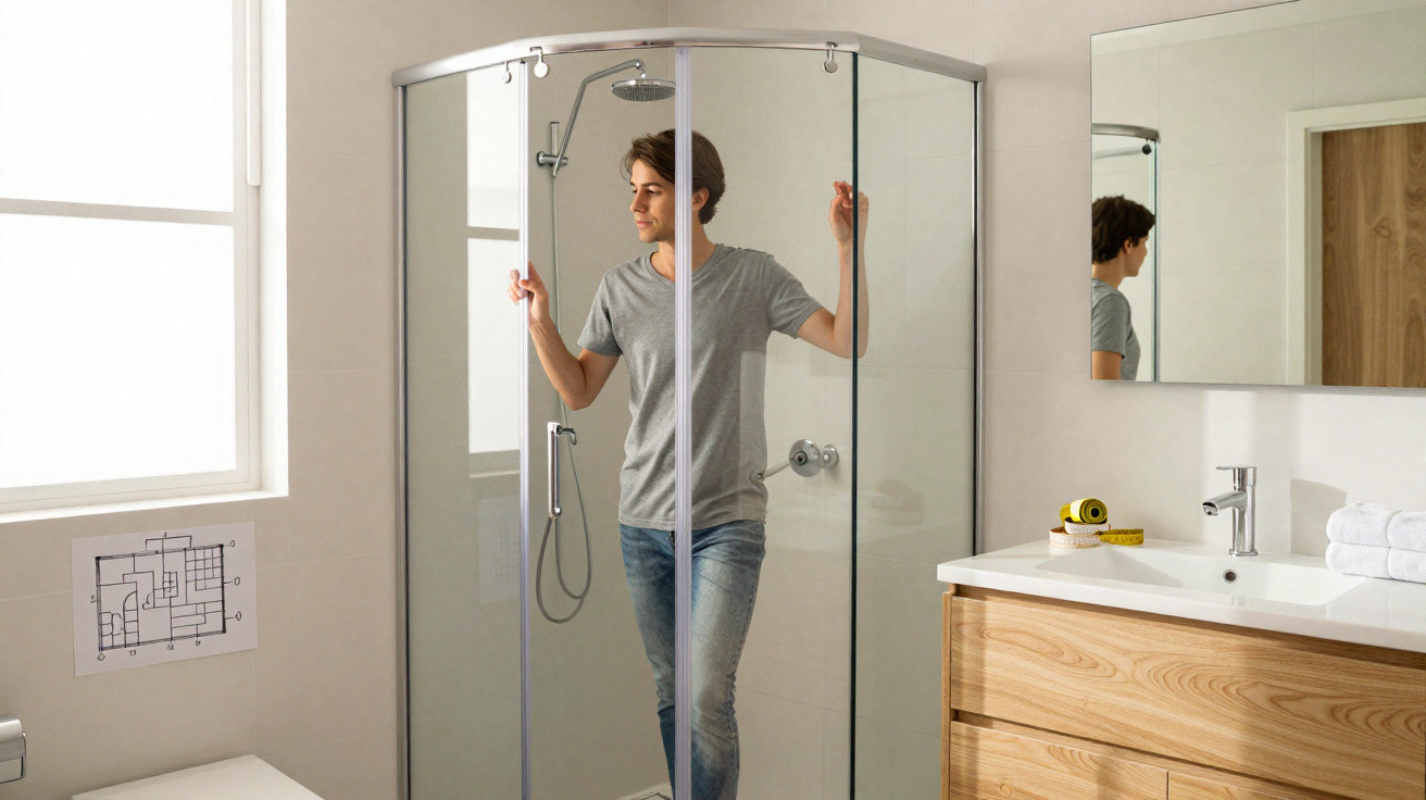 Man standing inside a modern glass shower enclosure in a bright bathroom with wooden vanity and a mirror.