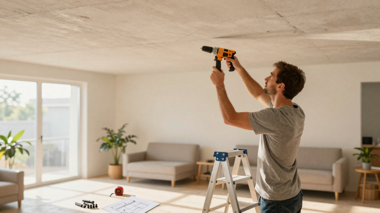 Man using a cordless drill on the ceiling in a bright, modern living room with sofas and plants.