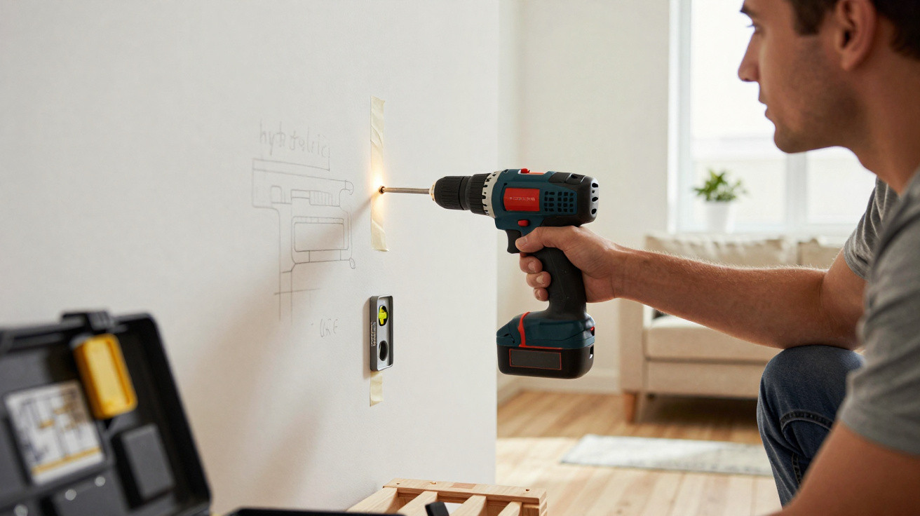Person using a cordless drill to make a hole in a white wall with a spirit level taped nearby.