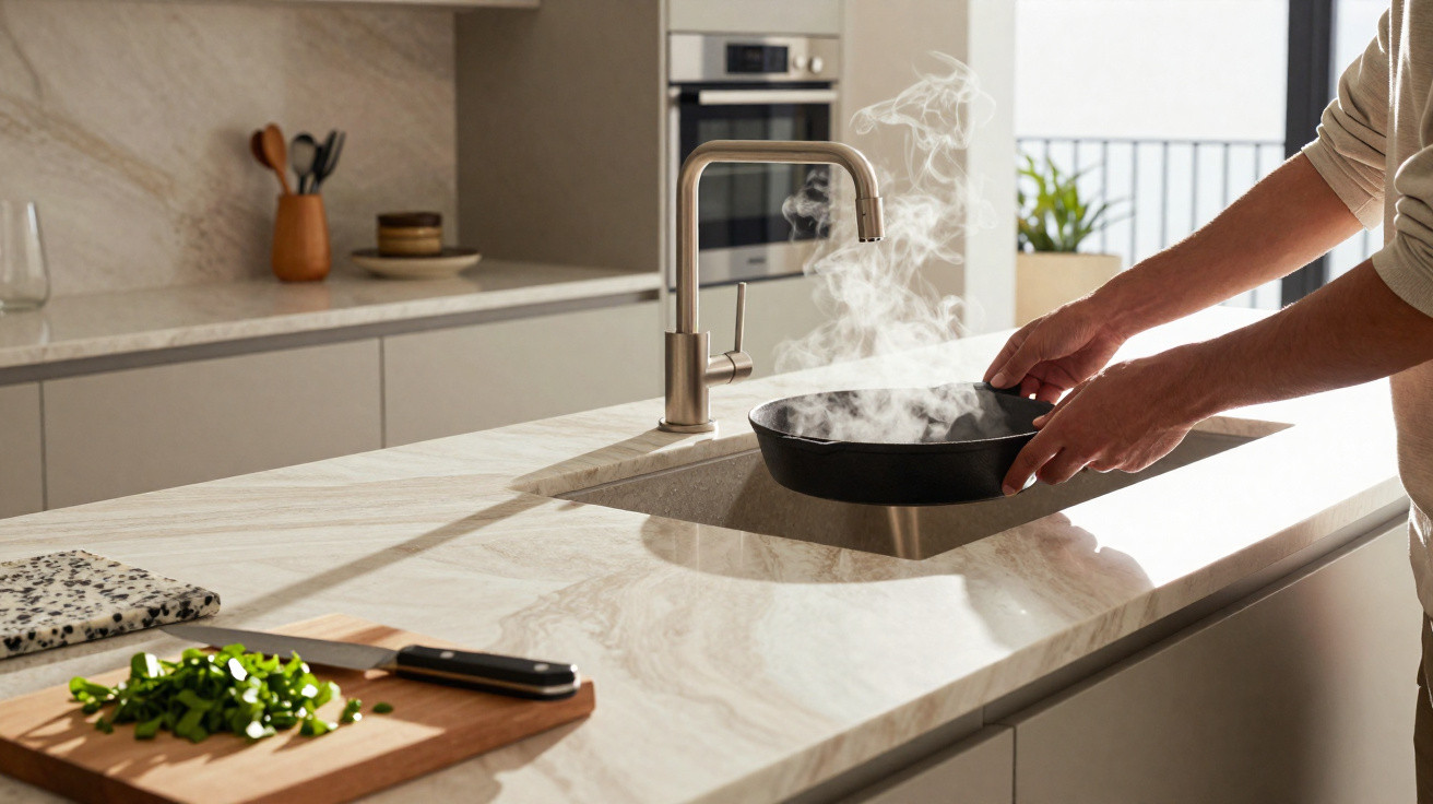 Person holding a steaming hot pan over a modern kitchen sink with a chopping board and knife nearby.