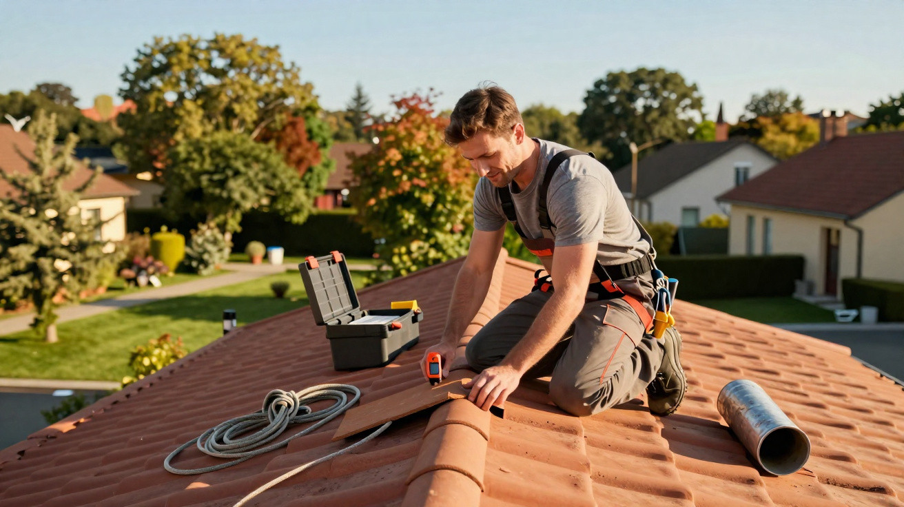 Roofer wearing harness and workwear fixing tiles on a house roof with tools and equipment nearby on a sunny day.