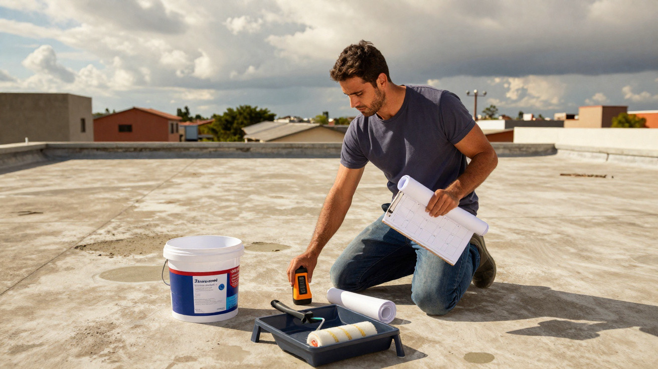 Man kneeling on rooftop using a measuring device, holding blueprints, with painting supplies nearby on a sunny day.