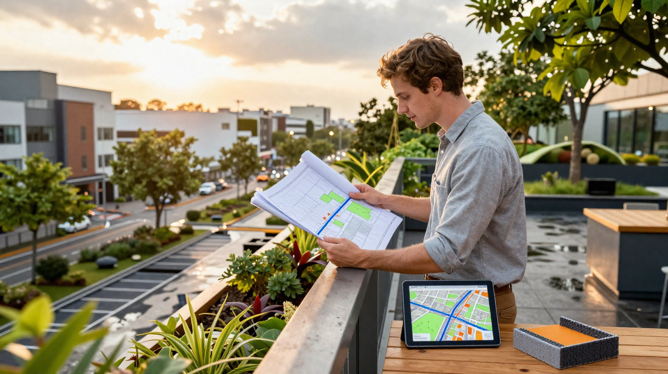 Man studying building plans on a balcony with a tablet showing a map beside him at sunset.