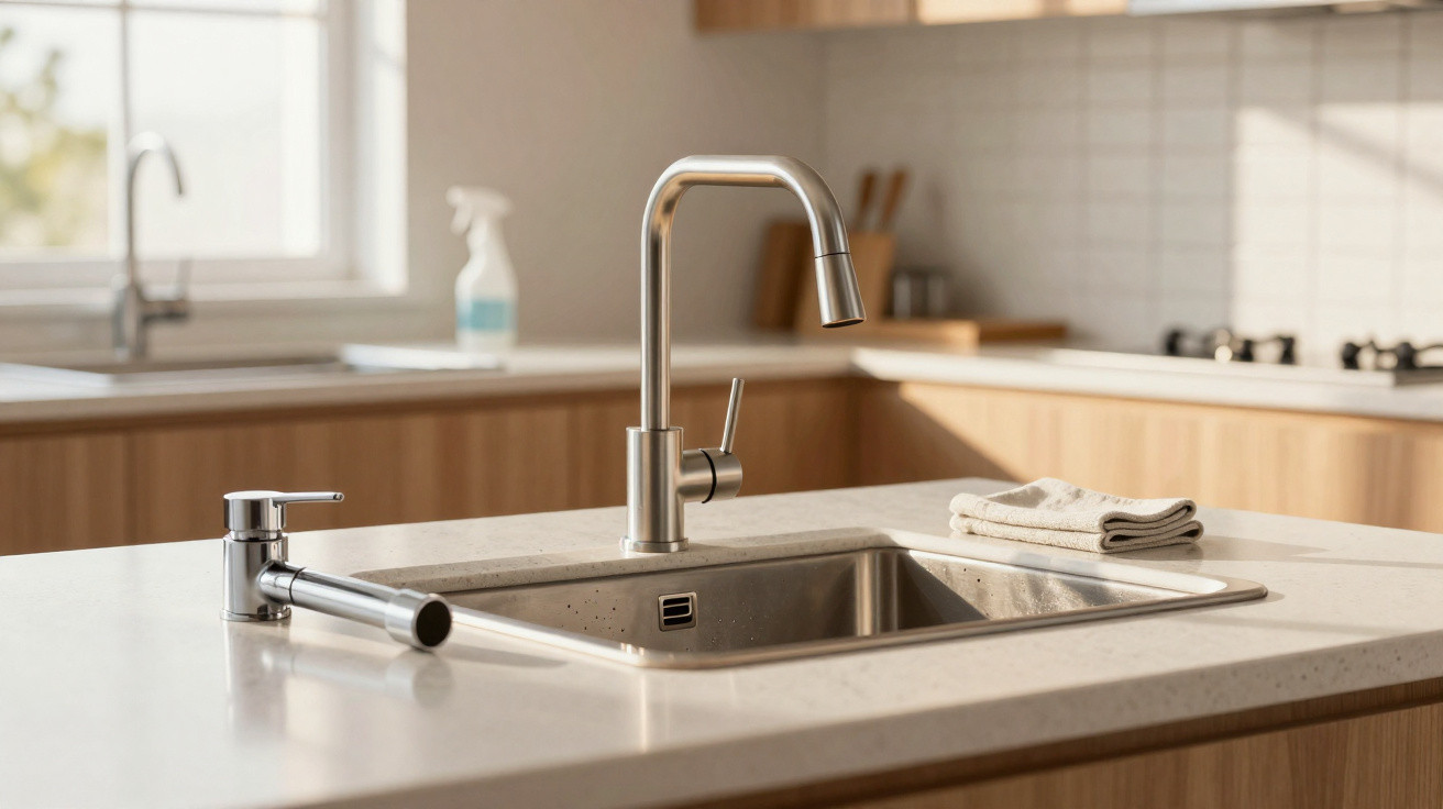 Modern stainless steel kitchen sink with faucet and towel on a light stone countertop in a wooden kitchen.