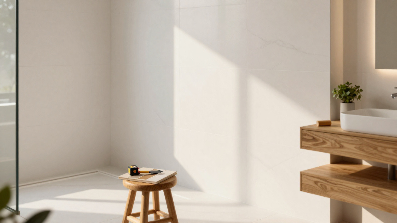 Minimalist bathroom corner with wooden stool, sunlight on white walls, floating wooden vanity with plant and basin.