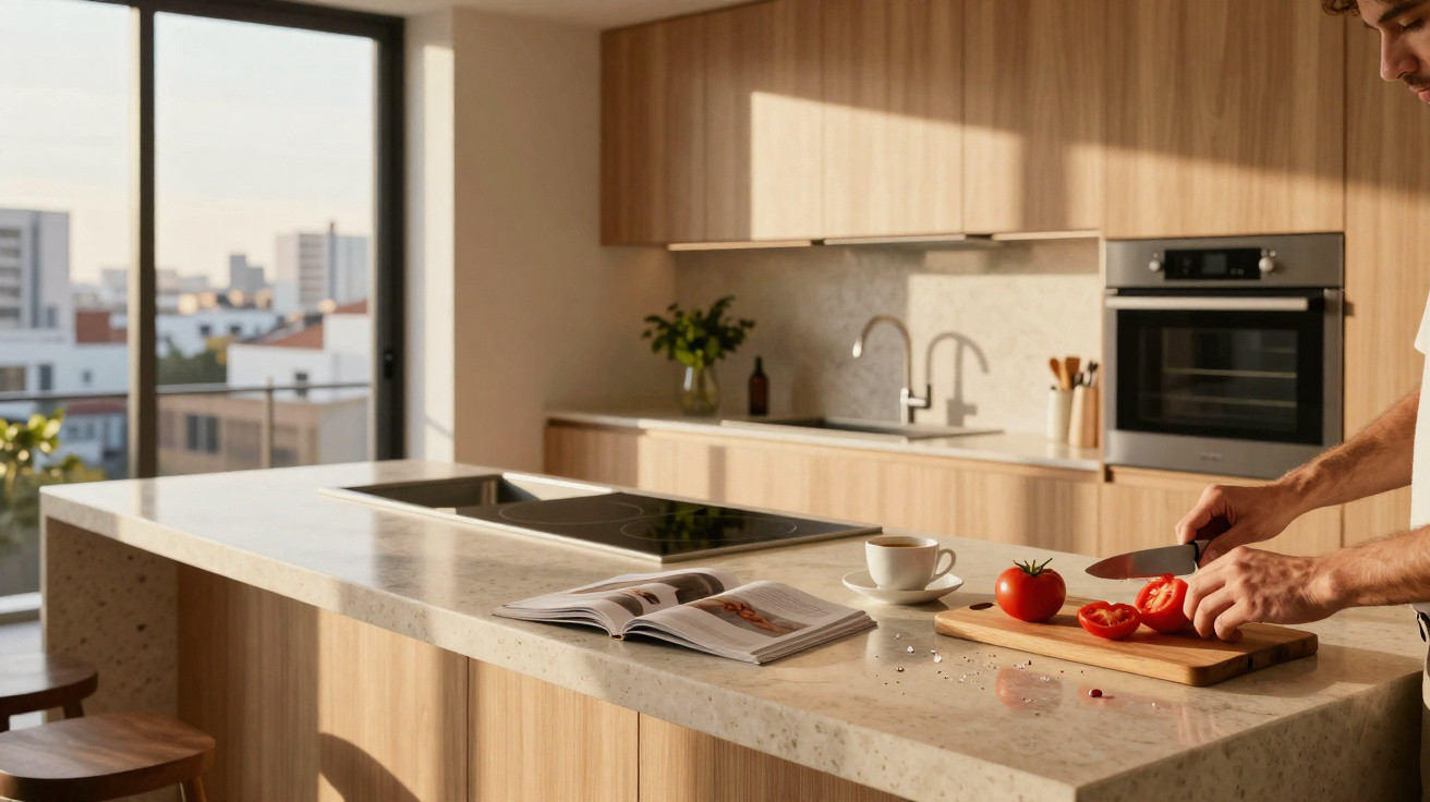 Person slicing tomatoes on a wooden board in a modern kitchen with a marble island and open cookbook.