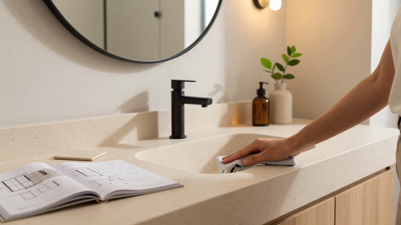 Person cleaning a modern beige bathroom sink with a black faucet and a round mirror above it.