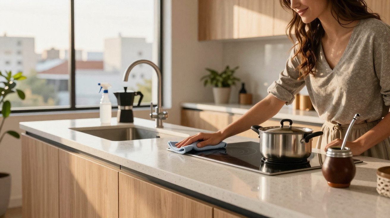 Woman cleaning a countertop near a stove with a pot and mate cup in a modern kitchen.