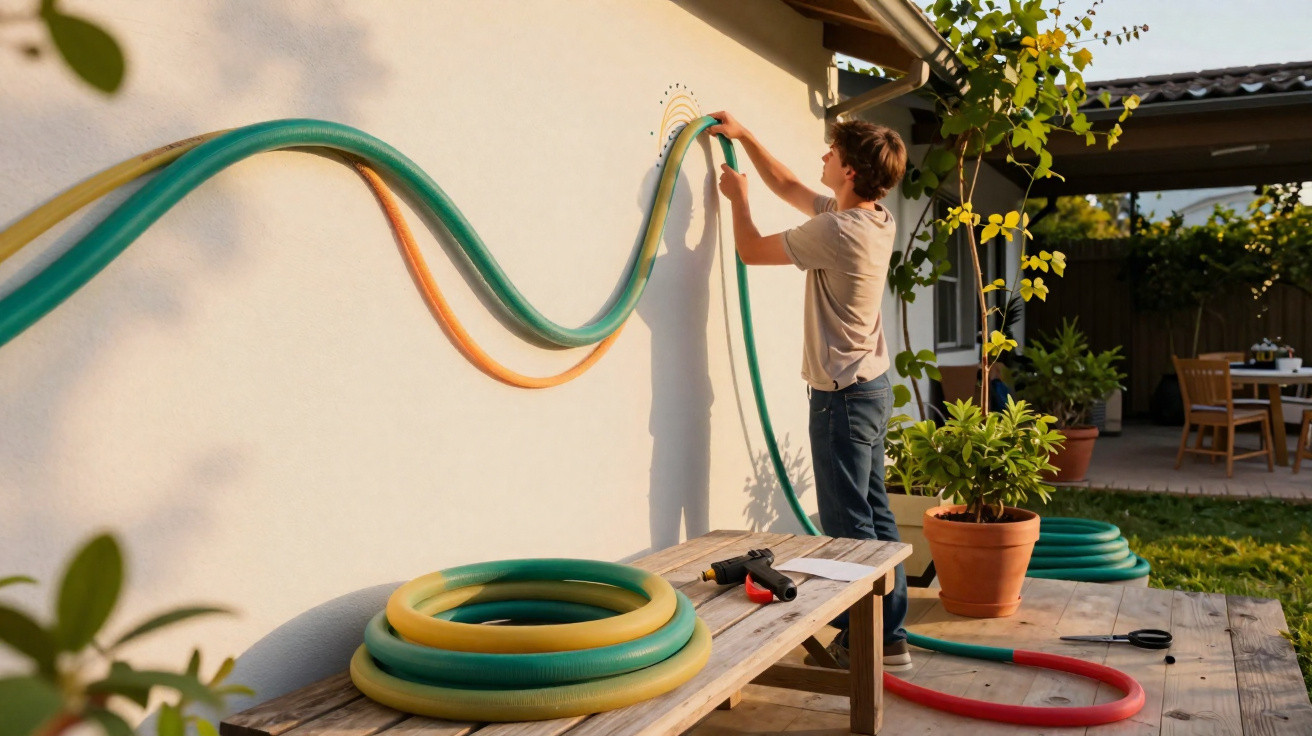 Man attaching green garden hose to white wall outside house on wooden deck with plants surrounding.