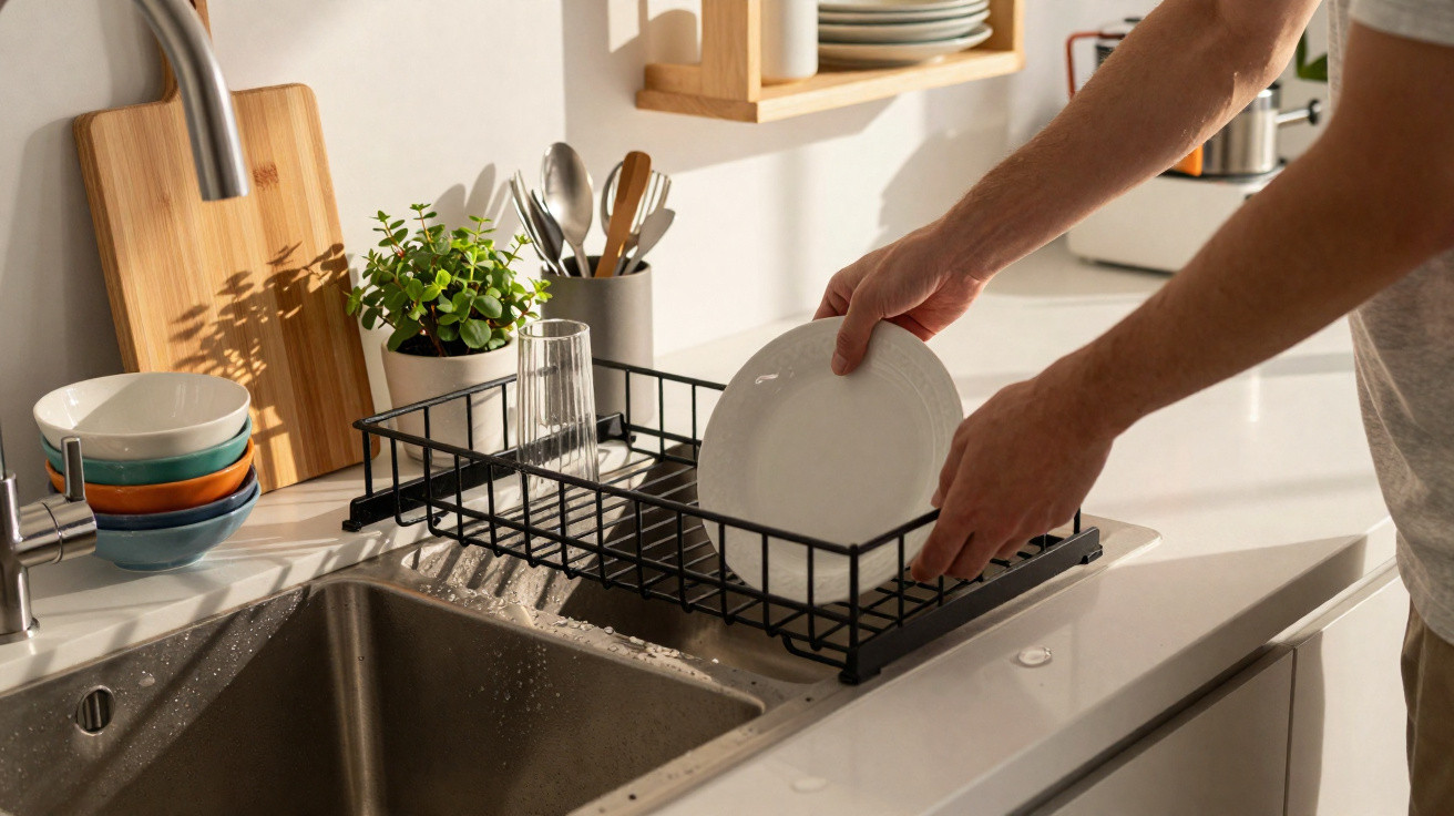 Person placing a white plate in a black dish rack beside a kitchen sink with bowls, a plant, and utensils nearby.
