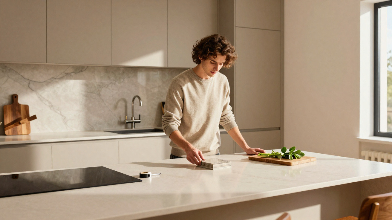 Young man standing at a kitchen island with swatch cards in hand and spinach on a chopping board by the window.