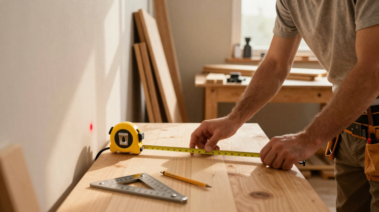 Person measuring wooden plank with tape measure on workbench in workshop with tools and wood pieces nearby.
