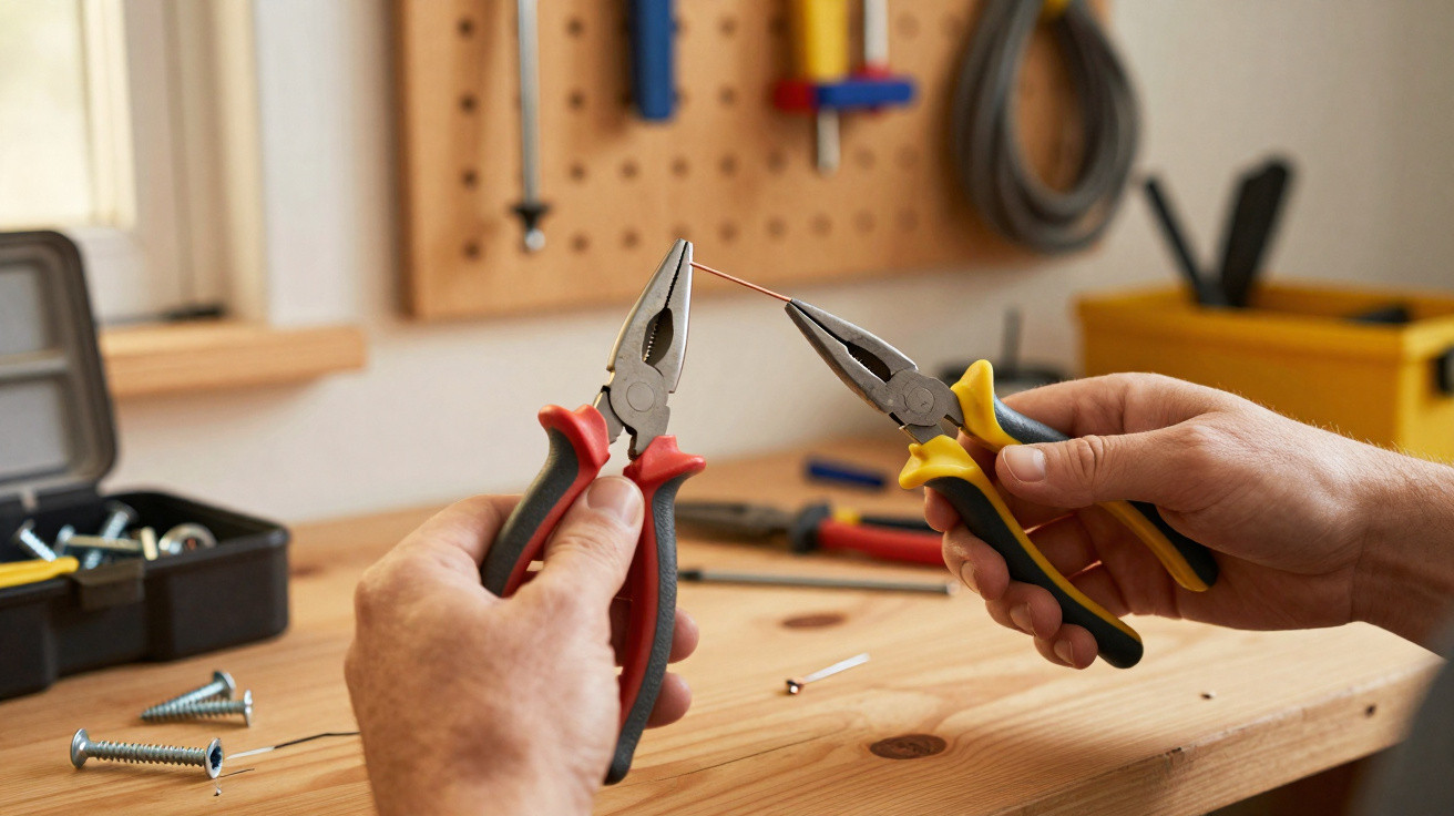 Person using red and yellow handled pliers to hold a thin wire in a workshop.