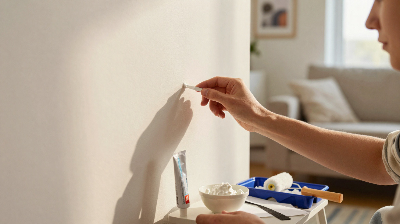 Person filling wall hole with putty in living room, with painting tools nearby on a white table.