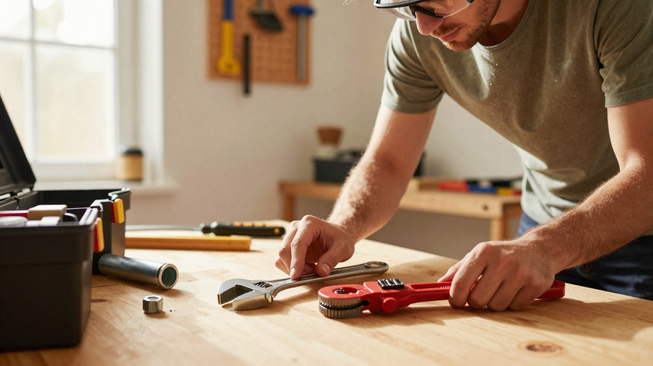 Man wearing safety glasses adjusting red and silver wrenches on a wooden workbench in a workshop.
